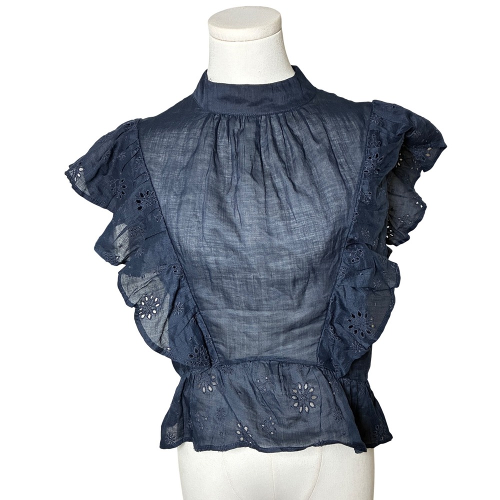 FRAME Ramie Blouse Navy Blue Eyelet Ruffle High Neck Women's Size S